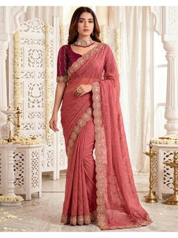 SATRANI - Red Georgette Embroidered Saree with Unstitched Blouse