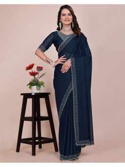 SATRANI - Navy Blue Georgette Embellished Saree with Unstitched Blouse