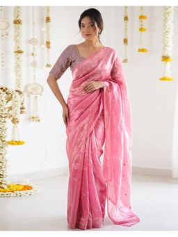 SATRANI - Women Pink Tissue Embroidered Saree with Unstitched Blouse