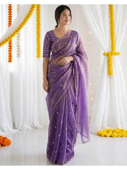SATRANI - Women Purple Tissue Embroidered Saree with Unstitched Blouse