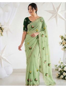 SATRANI - Pista Green Georgette Mirror Work Saree with Unstitched Blouse