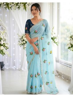 SATRANI - Turquoise Georgette Mirror Work Saree with Unstitched Blouse