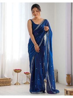SATRANI - Blue Tissue Embroidered Saree with Unstitched Blouse