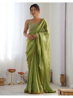 SATRANI - Pista Green Tissue Embroidered Saree with Unstitched Blouse