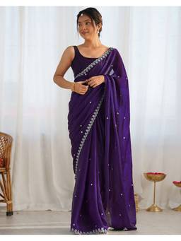 SATRANI - Purple Tissue Embroidered Saree with Unstitched Blouse