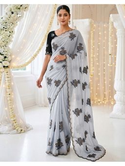 SATRANI - Blue Silk Mirror Work Saree with Unstitched Blouse