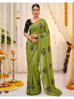 SATRANI - Parrot Green Silk Mirror Work Saree with Unstitched Blouse