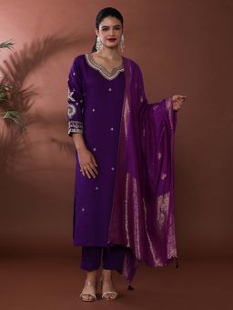 Jaipur Kurti - Purple Embroidered Chanderi Silk Kurta with Pant and Dupatta (Set of 3)