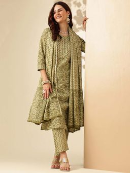 Jaipur Kurti - Embroidered Straight Pure Cotton Kurta and Pant and Dupatta (Set of 3)