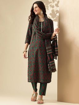Jaipur Kurti - Floral Embroidered Straight Pure Cotton Kurta and Pant and Dupatta (Set of 3)
