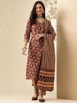 Jaipur Kurti - Floral Embroidered Straight Pure Cotton Kurta and Pant and Dupatta (Set of 3)
