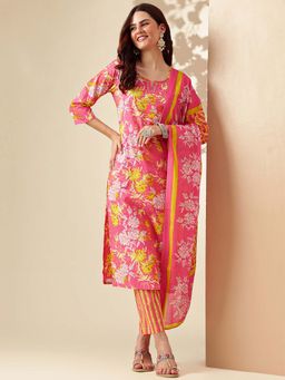 Jaipur Kurti - Floral Embroidered Straight Pure Cotton Kurta and Pant and Dupatta (Set of 3)