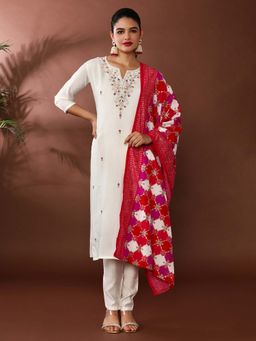Jaipur Kurti - Floral Embroidered Poly Silk Kurta and Pant and Dupatta (Set of 3)