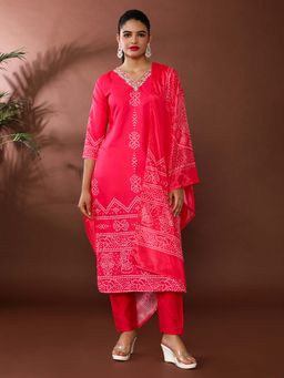 Jaipur Kurti - Bandhani Embroidered Poly Crepe Kurta and Pant and Dupatta (Set of 3)
