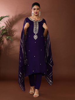 Jaipur Kurti - Purple Embroidered Chanderi Cotton Kurta and Pant and Dupatta (Set of 3)