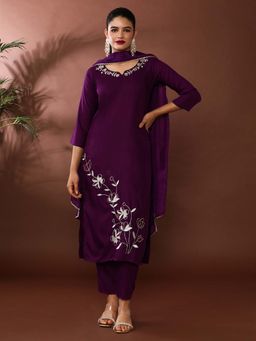 Jaipur Kurti - Purple Embroidered Kurta and Pant and Dupatta (Set of 3)