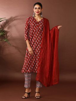 Jaipur Kurti - Floral Printed Pure Cotton Kurta and Pant and Dupatta (Set of 3)