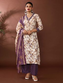 Jaipur Kurti - Floral Embroidered A-Line Pure Cotton Kurta and Palazzo with Dupatta (Set of 3)