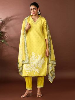 Jaipur Kurti - Floral Embroidered Cotton Blend Kurta and Pant with Dupatta (Set of 3)