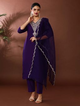 Jaipur Kurti - Purple Embroidered Kurta and Pant with Dupatta (Set of 3)