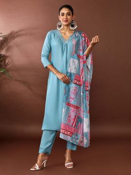 Jaipur Kurti - Blue Embroidered Kurta and Pant with Dupatta (Set of 3)