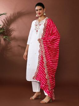 Jaipur Kurti - White Embroidered Kurta and Pant with Dupatta (Set of 3)