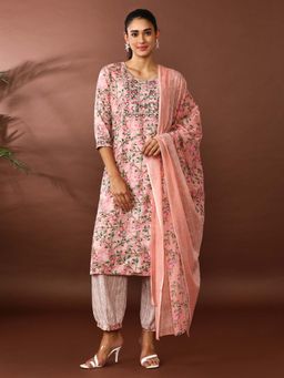 Jaipur Kurti - Pink Floral Embroidered Straight Kurta and Salwar with Dupatta (Set of 3)