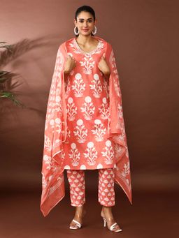 Jaipur Kurti - Floral Embroidered Straight Kurta and Pant with Dupatta (Set of 3)