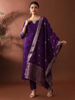 Jaipur Kurti - Purple Embroidered Straight Polyester Kurta and Pant with Dupatta (Set of 3)