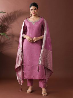 Jaipur Kurti - Lavender Embroidered Straight Polyester Kurta and Pant with Dupatta (Set of 3)
