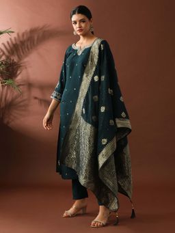 Jaipur Kurti - Green Embroidered Straight Polyester Kurta and Pant with Dupatta (Set of 3)