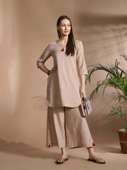 Jaipur Kurti - Khaki Pure Cotton Solid Kurta and Palazzo (Set of 2)