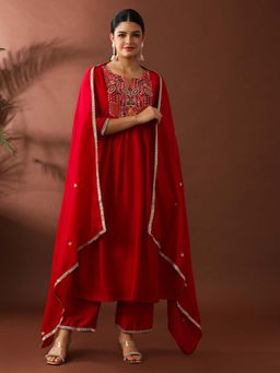 Jaipur Kurti - Embroidered A-Line Silk Blend Kurta and Pant with Dupatta (Set of 3)