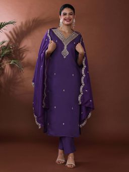 Jaipur Kurti - Purple Embroidered Chanderi Cotton Kurta and Pant with Dupatta (Set of 3)