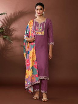 Jaipur Kurti - Purple Embroidered Kurta and Pant with Dupatta (Set of 3)