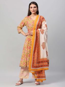 Shree - Women Cotton Mustard Floral Printed Kurta Comfort Pant Dupatta (Set Of 3)