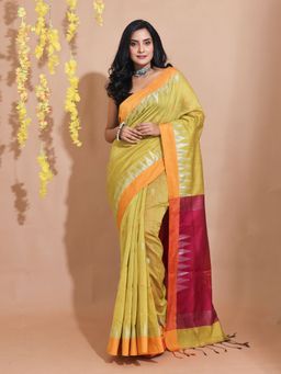 CHARUKRITI - Corn Yellow Cotton Ethnic Zari & Temple Borders Handwoven Saree with Unstitched Blouse