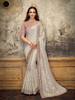 Odette - Beige Lycra Fancy Net Designer Saree with Unstitched Blouse