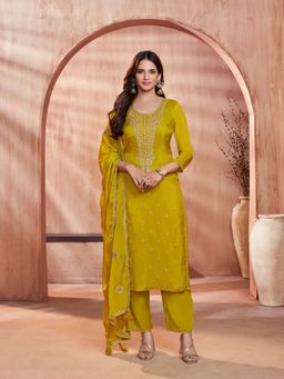 Seerat - Mustard Embroidery Straight Kurta Pant with Dupatta