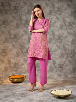 Silver Lime - Pink V-Neck Zari Embroidered Kurta and Pant