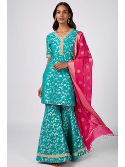 Silver Lime - Brocade V-Neck Kurta Sharara with Dupatta