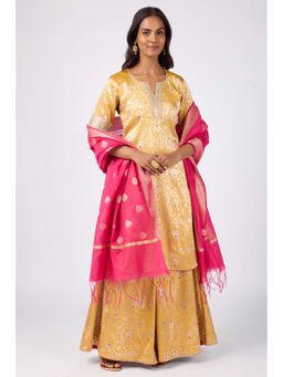 Silver Lime - Brocade Round Neck Kurta Palazzo with Dupatta