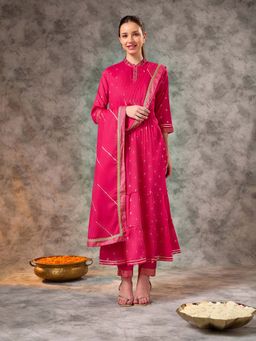 Silver Lime - Pink Foil Printed Kurta Pant with Dupatta
