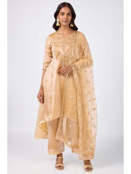 Silver Lime - Gold Asymmetric Embroidered Kurta Pant with Dupatta