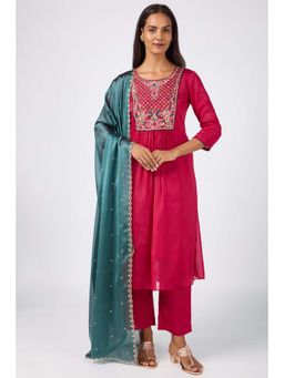 Silver Lime - Pink Yoke Embroidery Kurta Pant and Dupatta
