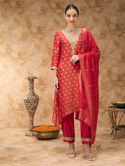 Silver Lime - Round-Neck Brocade Sequin Embroidery Kurta Pant and Dupatta