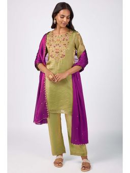 Silver Lime - Green Round-Neck Embroidered Neck Kurta Pant and Dupatta