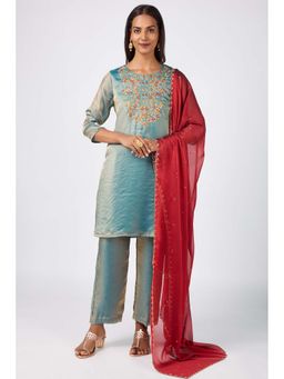 Silver Lime - Blue Round-Neck Embroidered Neck Kurta Pant and Dupatta
