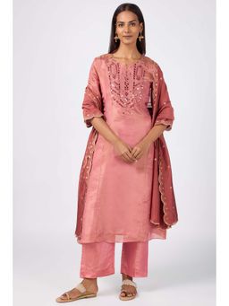 Silver Lime - Pink Mirror Work Kurta Pant with Dupatta