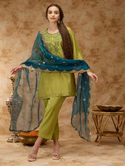 Silver Lime - Green Round-Neck Kurta Pant and Dupatta